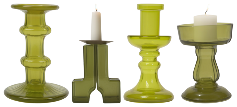 PNG Elegant green glass candle holders, element set on transparent background