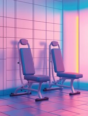 Modern fitness benches in a vibrant gym with neon lights illuminating the pastel-colored walls during evening hours