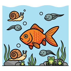 Cute cartoon underwater pond life illustration with goldfish frogs tadpoles and snails