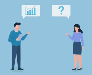 Business dialogue illustration showing data analysis and inquiry between two professionals in a clean, minimal style.