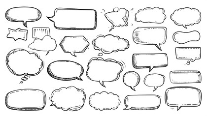 A diverse collection of hand-drawn speech bubbles in various shapes and sizes, perfect for graphic design projects, presentations, or educational materials.