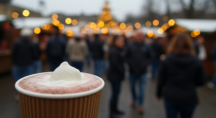 Hot chocolate with whipped cream in foreground at winter market  