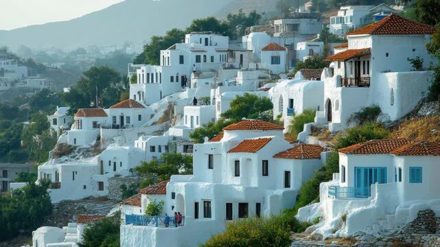 Charming white houses with terracotta roofs nestled on a hillside in a picturesque coastal village