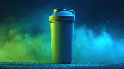 Green Fitness Shaker Bottle on Textured Surface with Blue and Green Glowing Powder Background