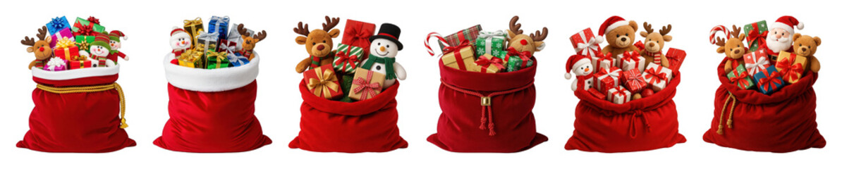 Christmas gift bags set including Santa's sacks filled with presents and festive toys isolated. Holiday season marketing and decoration.