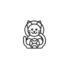 Line drawing shows a cat hugging a ball forming a cohesive circular shape