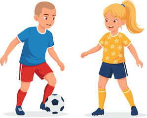 Children playing soccer together, cartoon illustration, black and white ball, colorful outfits, happy kids, physical activity, teamwork moment, playful energy, sports fun