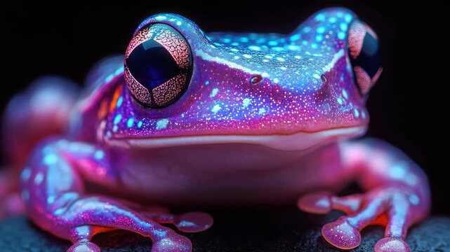 Colorful frog with sparkling skin and large eyes sitting on a rock in low light setting