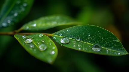 Close-up of green leaves adorned with fresh rain droplets, creating a serene atmosphere.