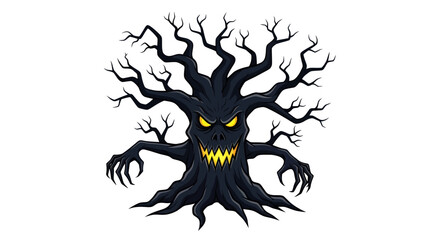 Spooky Cartoon Halloween Tree with Evil Face and Bare Branches.