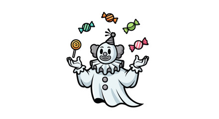 Cartoon Clown Juggling Colorful Candies and Lollipop.