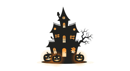 Spooky Haunted House Silhouette with Jack-o-Lanterns and Bare Tree.