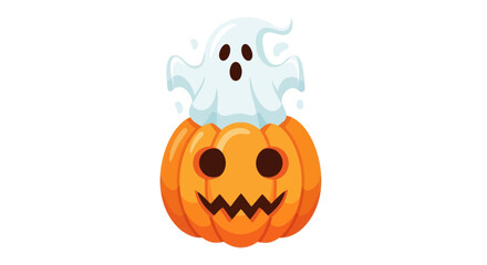 Cute Cartoon Ghost on Carved Halloween Pumpkin Illustration.