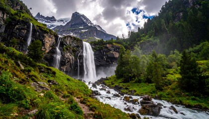 Fototapeta premium Majestic waterfalls cascade down rocky mountain slopes, framed by lush green foliage and snow-capped peaks, creating a serene and awe-inspiring mountain landscape.