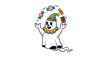 Whimsical Ghost Clown Juggling Colorful Candies and Chocolate Bar.
