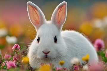 Adorable White Bunny Rabbit in Vibrant Spring Meadow