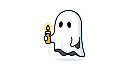 Cute Cartoon Ghost Character Holding a Lit Candle.