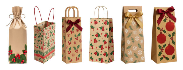 Christmas bottle gift bag set including different festive designs and closures isolated. Holiday packaging and seasonal gifting.