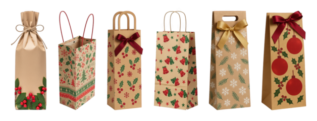 Christmas bottle gift bag set including different festive designs and closures isolated. Holiday packaging and seasonal gifting.