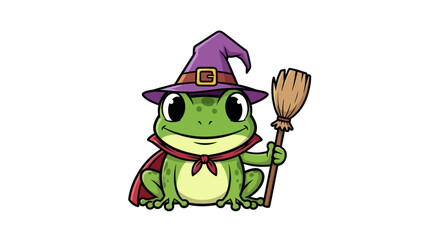 Obraz premium Cartoon Frog Dressed as a Witch with Broom for Halloween.