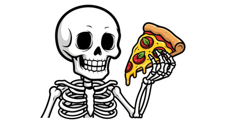 Cartoon Skeleton Enjoying a Slice of Pizza.