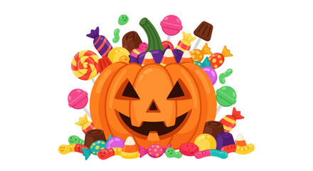 Smiling Jack-o-lantern Pumpkin Overflowing with Colorful Halloween Candies.
