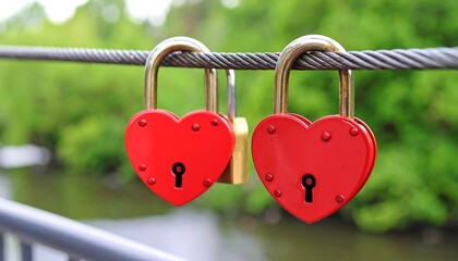 Two heart-shaped love locks on a bridge over a river