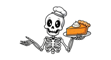Cartoon Skeleton Chef Presenting Pumpkin Pie Slice.