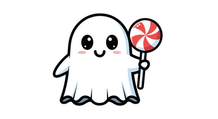 A cute cartoon ghost with big eyes holding a red and white striped lollipop.