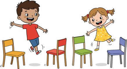Children jumping over chairs, cartoon illustration, playful movement, colorful furniture, happy kids, physical activity, coordination game, indoor fun, childhood excitement