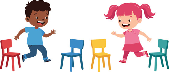 Children playing musical chairs, cartoon illustration, colorful furniture, happy kids, running movement, indoor fun, coordination game, playful moment, childhood excitement