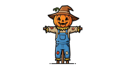 Cartoon Scarecrow with Pumpkin Head and Overalls.