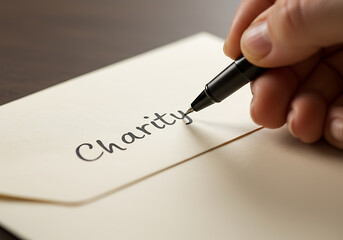Hand writing the word 'Charity' on an envelope with a pen, symbolizing donation and goodwill
