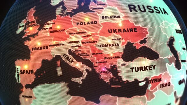 This is a digitally rendered map of Eastern Europe, focusing on Ukraine and its surrounding countries. The map highlights Ukraine in bold red with large black text.