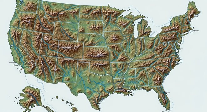 Detailed 3D topographic relief map of the United States of America showing mountainous terrain and geographical features
