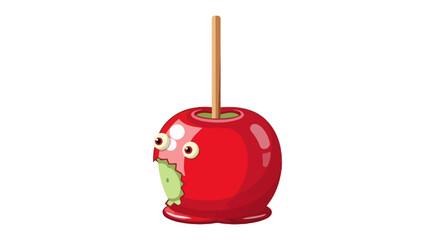 Bitten Red Candy Apple with Cartoon Face and Wooden Stick.