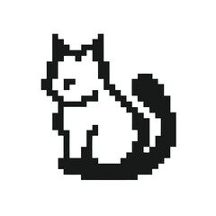Minimalist pixel art depicts a white and black sitting cat with its tail curled around