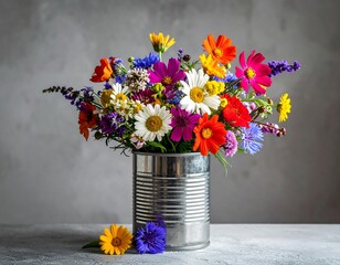 Colorful wildflower bouquet in tin