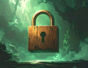 Wooden lock in a mystical forest