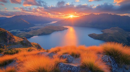 Golden sunset over mountain lake