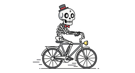 Cartoon Skeleton Riding Bicycle with Top Hat and Bow Tie.