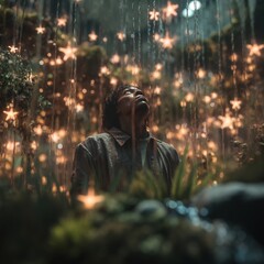 Man looking up at rain of stars in forest mystical fantasy dreamlike scene surreal artistic background