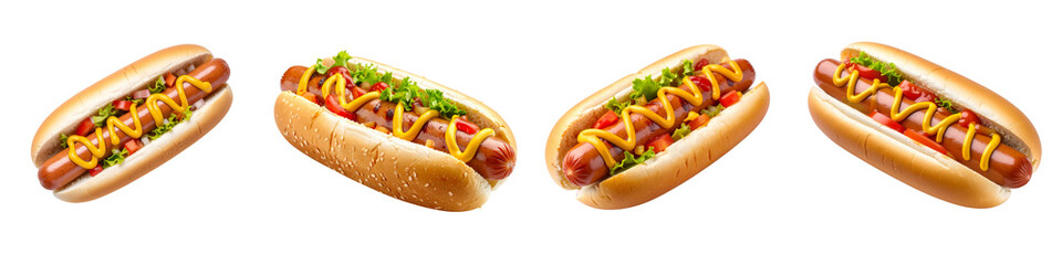 Four delicious hot dogs with toppings isolated on transparent background