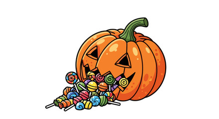 Carved Halloween Pumpkin with Candy Spilling Out.