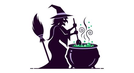 Silhouette of a Witch Stirring a Cauldron with a Broom.