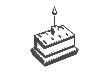 Monochrome cake with a lit candle on top stands against a plain background