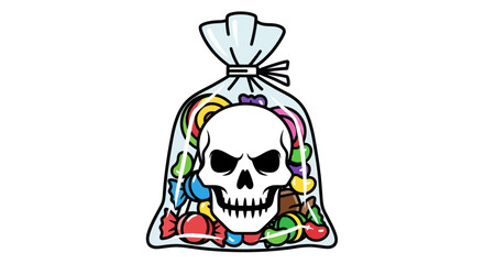A clear bag of colorful candy with a prominent skull symbol representing poison or danger.