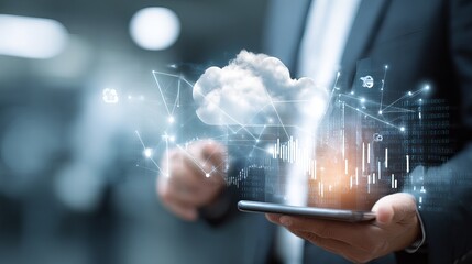 Businessman uses smartphone to interact with futuristic cloud data visualization and network connections