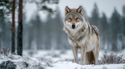 Fototapeta premium Solitary Gray Wolf Standing Majestically in a Snowy Winter Landscape Surrounded by Forests and Scenic Wilderness