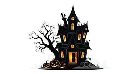 Spooky Black Halloween Haunted House with Glowing Windows.